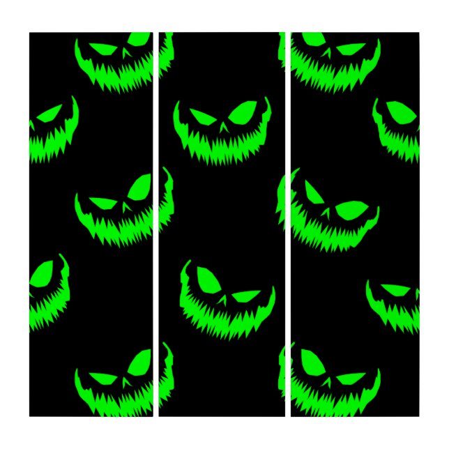scary halloween pumpkin faces acid green triptych (Front)