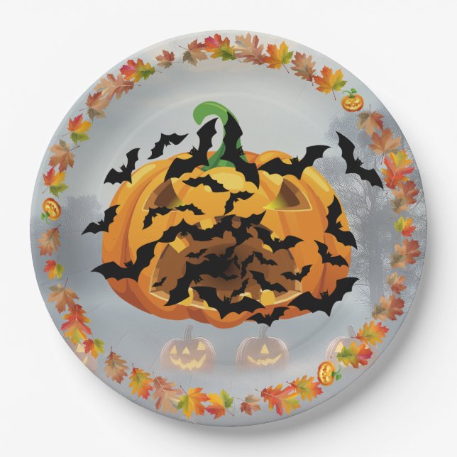 Scary Halloween Pumpkin With Bats Paper Plates (Front)