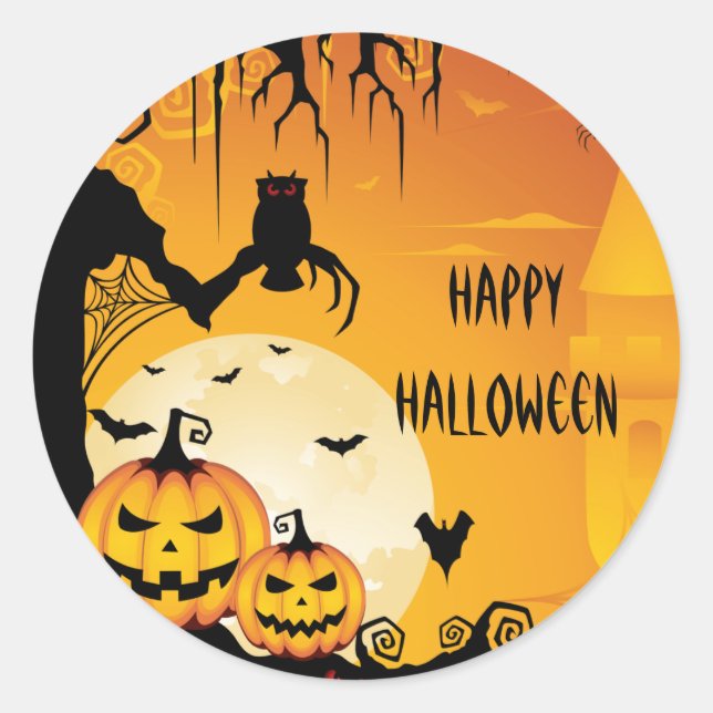Scary Halloween Pumpkins and Full Moon Classic Round Sticker (Front)
