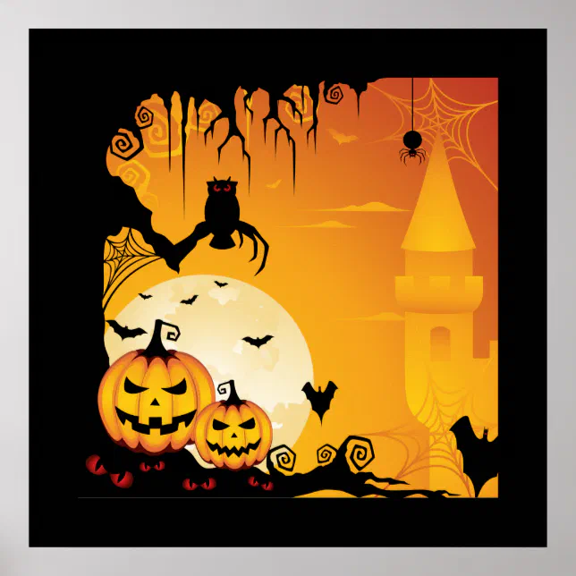 Scary Halloween Pumpkins and Full Moon Poster | Zazzle