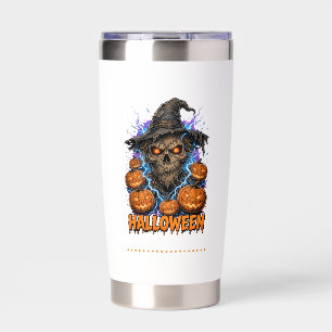 Scary Halloween Scarecrow Skull with Pumpkins and Insulated Tumbler