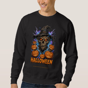 Scary Halloween Scarecrow Skull with Pumpkins and Sweatshirt