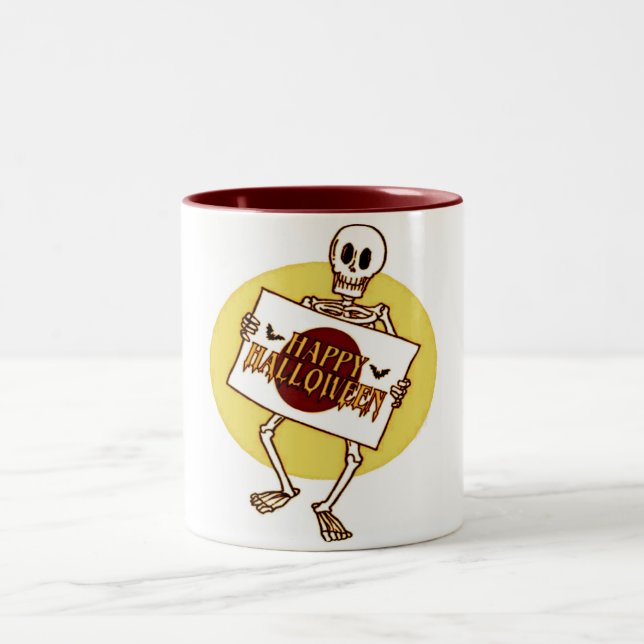 Scary Halloween Skeleton Two-Tone Coffee Mug (Center)