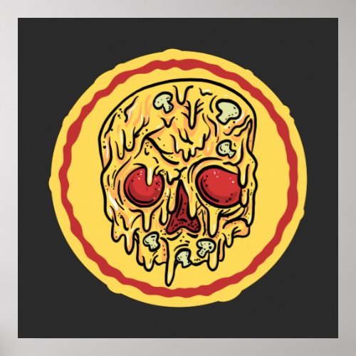 Scary Halloween Skull Cheese And Mushroom Pizza  Poster