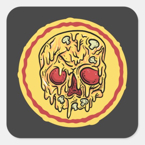 Scary Halloween Skull Cheese And Mushroom Pizza  Square Sticker