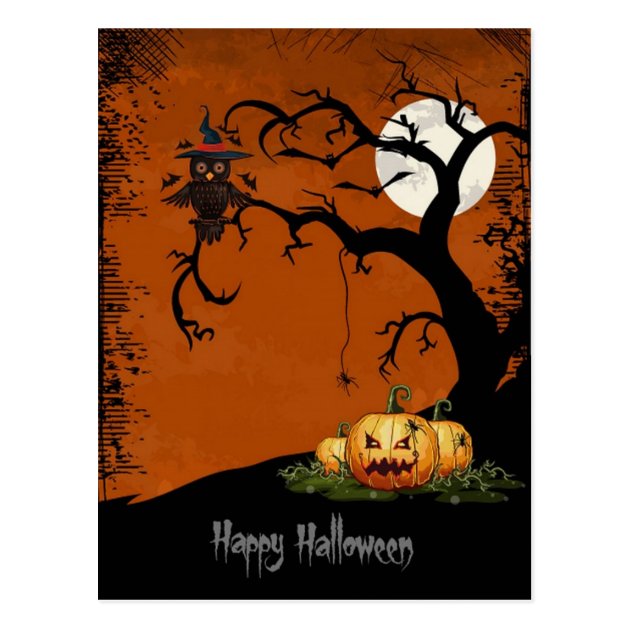 Scary Halloween Tree With Pumpkins Postcard