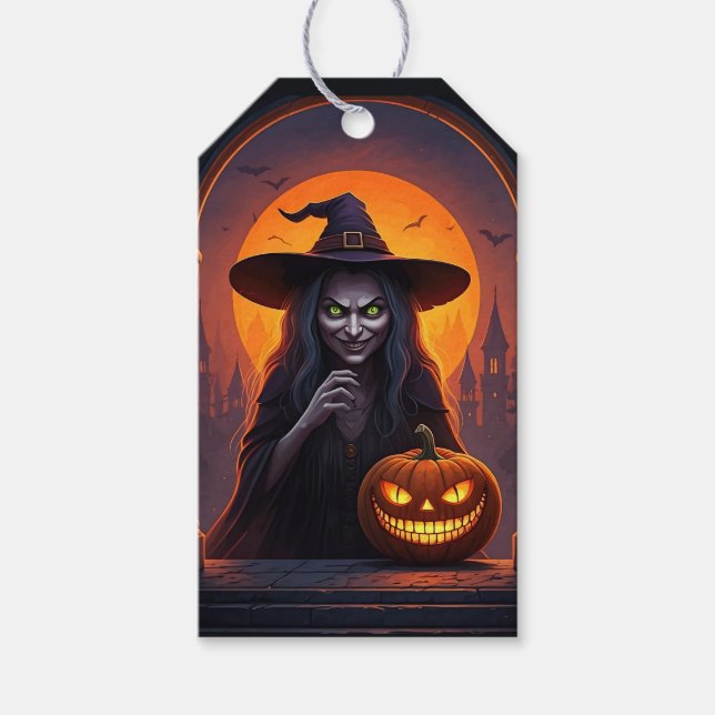Scary Halloween Witch and Crazy Smile Pumpkin Gift Tags (Front)