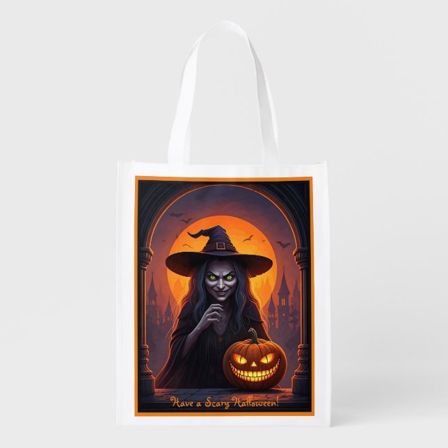 Scary Halloween Witch and Crazy Smile Pumpkin Grocery Bag (Front)