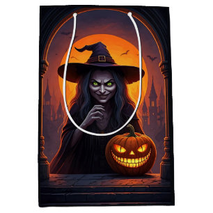 Scary Halloween Witch and Crazy Smile Pumpkin Medium Gift Bag