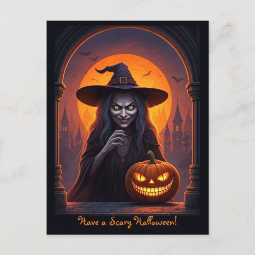 Scary Halloween Witch and Crazy Smile Pumpkin Postcard