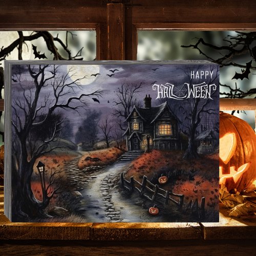 Scary Happy Halloween Haunted House Wooden Box Sign