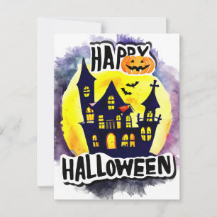 Scary Happy Halloween Night with Raven Bat Witch Postcard