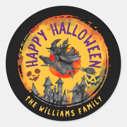 Scary Happy Halloween Orange Witch Broomstick   Classic Round Sticker