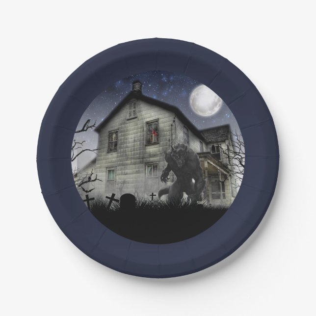 Scary Happy Halloween Werewolf Paper Plates (Front)