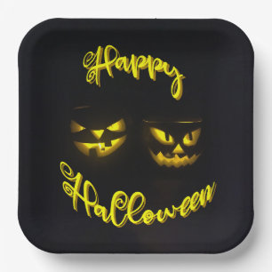 Scary Happy Halloween Yellow Pumpkin Face Paper Plates