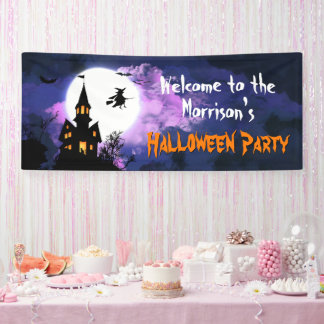Scary Haunted Castle Flying Witch Halloween Party Banner