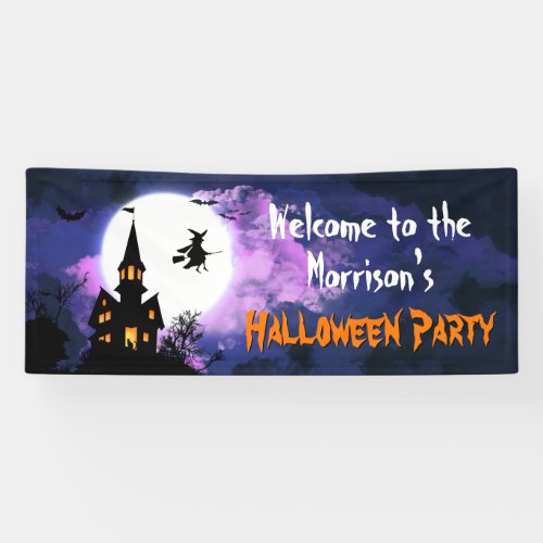 Scary Haunted Castle Flying Witch Halloween Party Banner