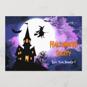 Scary Haunted Castle Flying Witch Halloween Party Invitation