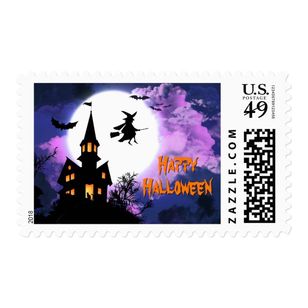 Scary Haunted Castle Flying Witch Happy Halloween Postage