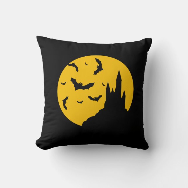 Scary Haunted House with Bats Happy Halloween Throw Pillow (Front)