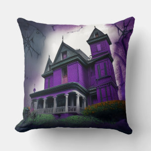 Scary Haunted Purple Mansion Throw Pillow