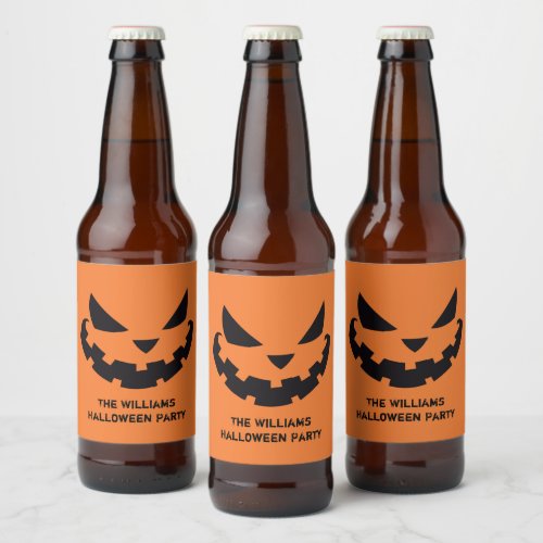 Scary Jack O Lantern Custom Orange Halloween Party Beer Bottle Label
