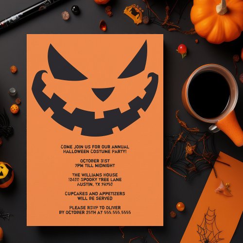 Scary Jack O Lantern Custom Orange Halloween Party Invitation