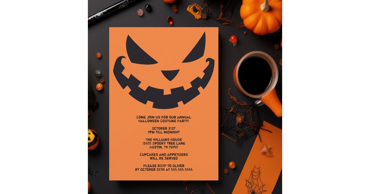 Scary Jack O Lantern Custom Orange Halloween Party Invitation | Zazzle
