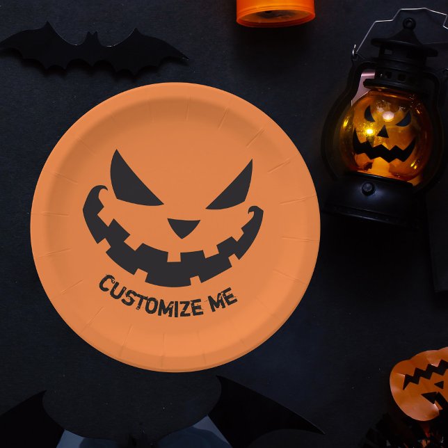 Scary Jack O Lantern Custom Orange Halloween Party Paper Plates (Creator Uploaded)
