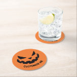 Scary Jack O Lantern Custom Orange Halloween Party Round Paper Coaster<br><div class="desc">These spooky orange Halloween coasters feature a cool smiling Jack O Lantern and your own personalized text. Cute and scary custom party decoration.</div>