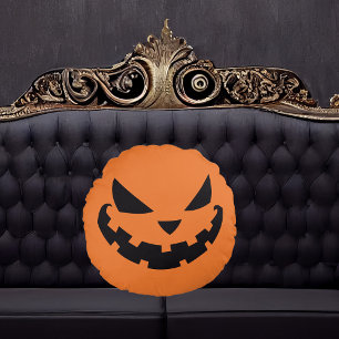 Scary Jack O Lantern Face Orange Halloween Round Pillow