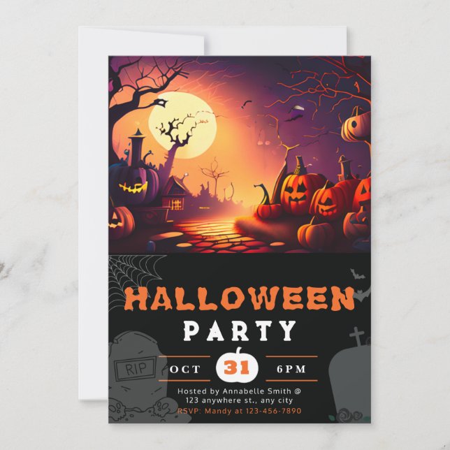 Scary Jack-O' Lantern Full Moon Halloween Invitation (Front)