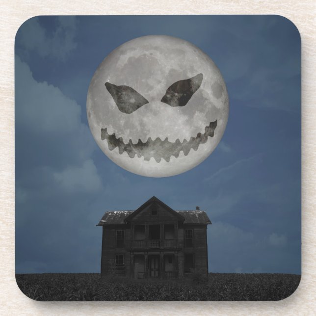 Scary Jack O Lantern Halloween Moon Beverage Coaster (Front)