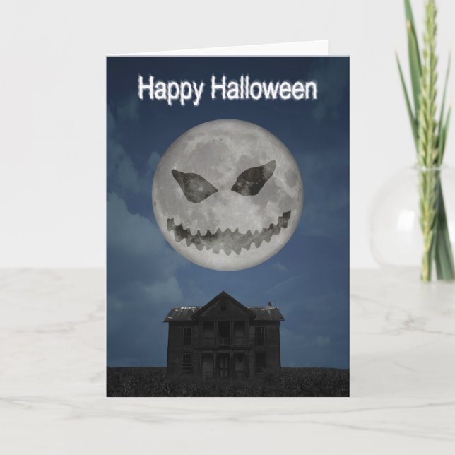 Scary Jack O Lantern Halloween Moon Card (Front)