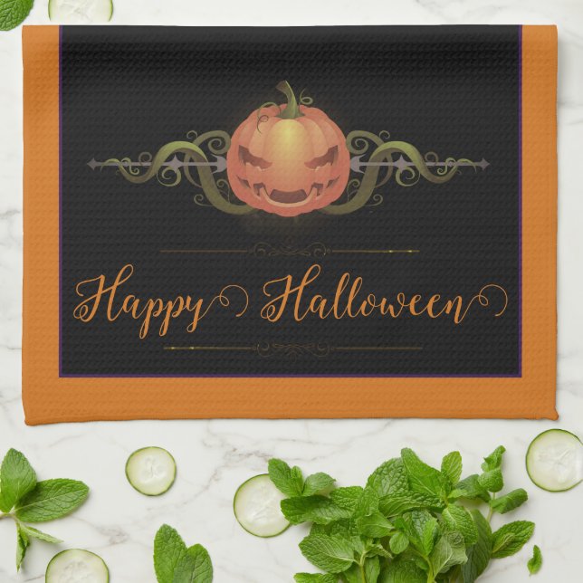 Scary Jack-o-Lantern Halloween | Orange Kitchen Towel (Folded)