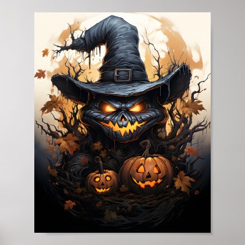 Scary Jack O Lantern Halloween Pumpkin Witch Poster