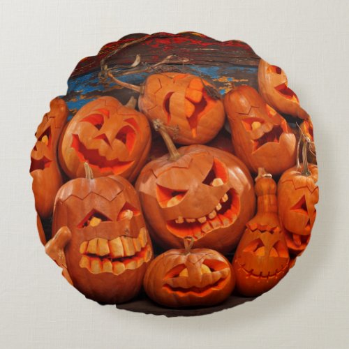 Scary Jack O Lantern Halloween Pumpkins 2 Round Pillow