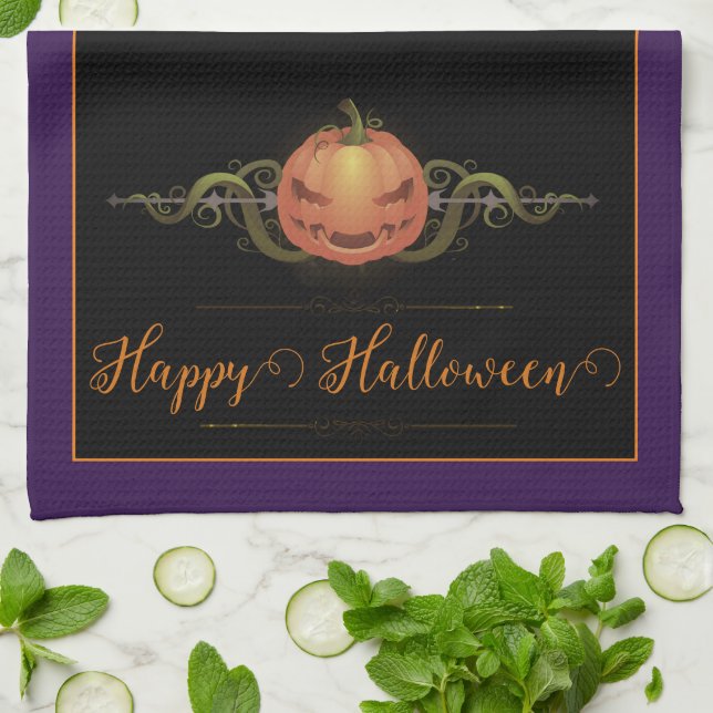 Scary Jack-o-Lantern Halloween | Purple Kitchen Towel (Folded)
