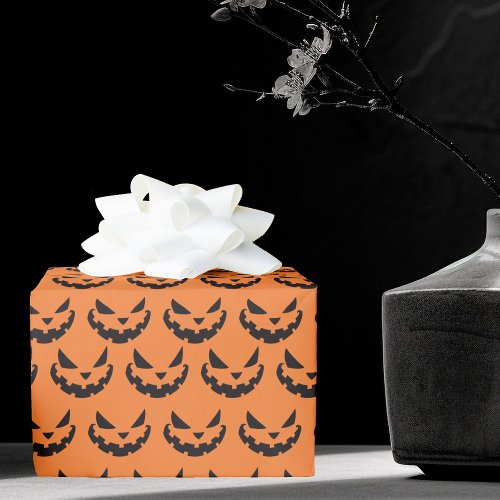 Scary Jack O Lantern Orange Halloween Wrapping Paper