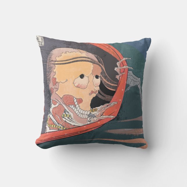 Scary Japanese Skeleton Ghost Woodblock Throw Pillow (Front)