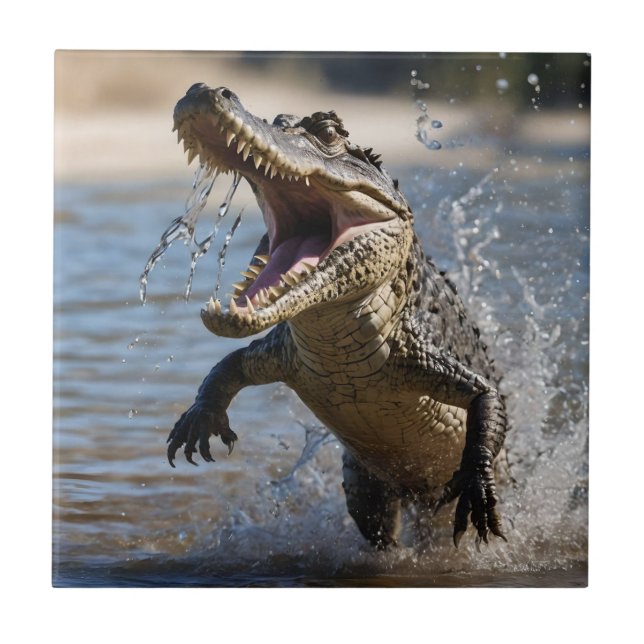Scary Jaws: Australian Crocodile Leaping Ceramic Tile (Front)