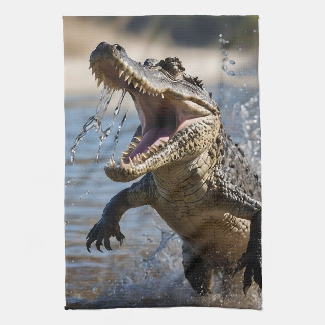 Scary Jaws: Australian Crocodile Leaping Kitchen Towel (Vertical)