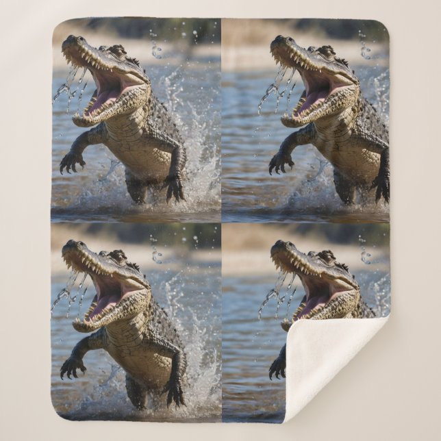 Scary Jaws: Australian Crocodile Leaping Sherpa Blanket (Front)