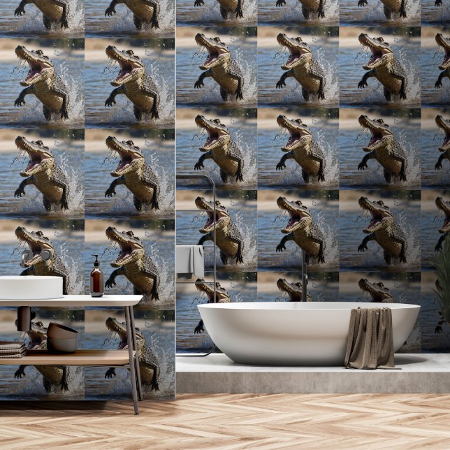Scary Jaws: Australian Crocodile Leaping Wallpaper (Bathroom)