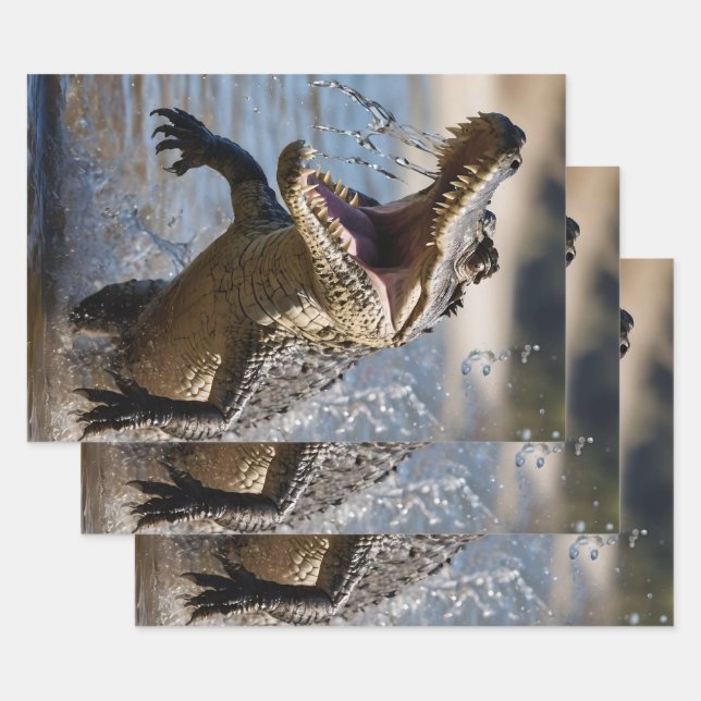 Scary Jaws: Australian Crocodile Leaping Wrapping Paper Sheets (Set)
