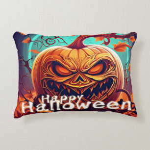 Scary Looking Orange Pumpkin with Face, Halloween Accent Pillow