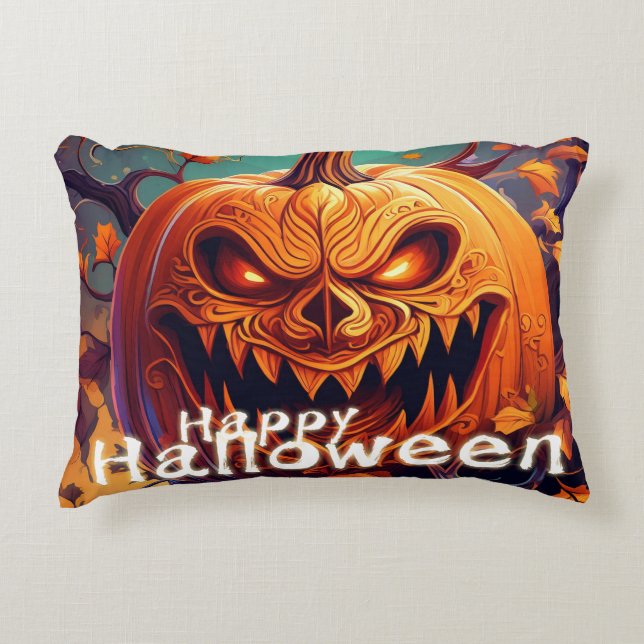 Scary Looking Orange Pumpkin with Face, Halloween Accent Pillow (Front)