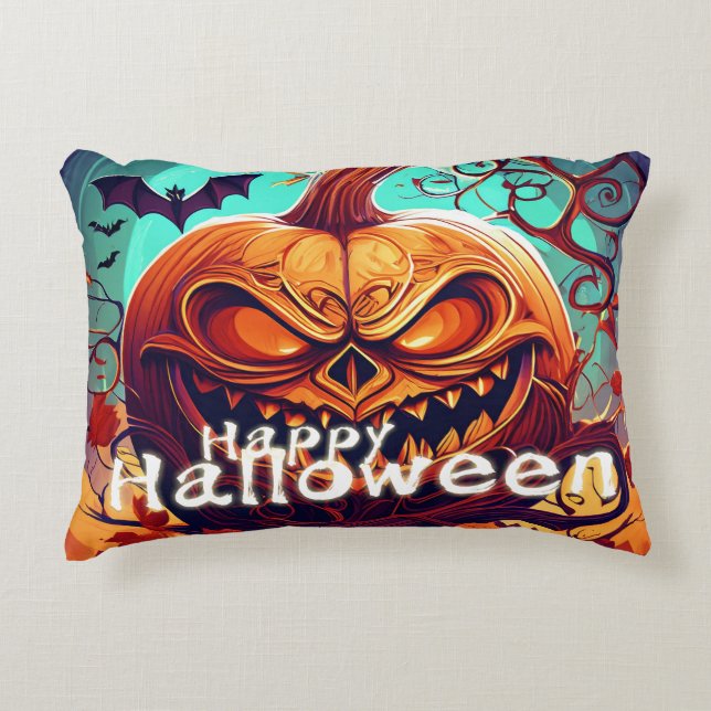 Scary Looking Orange Pumpkin with Face, Halloween Accent Pillow (Front)