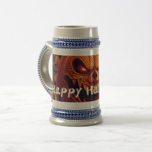 Scary Looking Orange Pumpkin with Face, Halloween Beer Stein