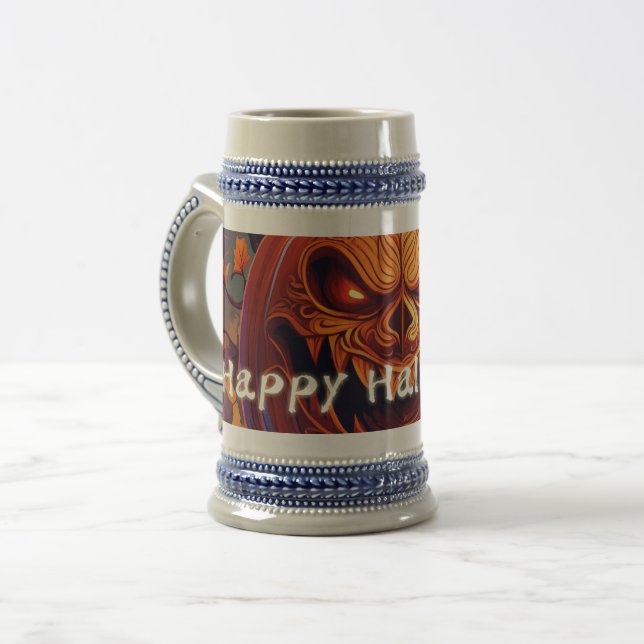Scary Looking Orange Pumpkin with Face, Halloween Beer Stein (Front Left)